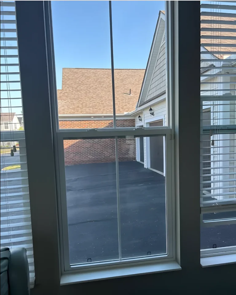 Double-hung window with dark trim, blinds on both sides and a red-brick garage wall and neighbor roofline outside